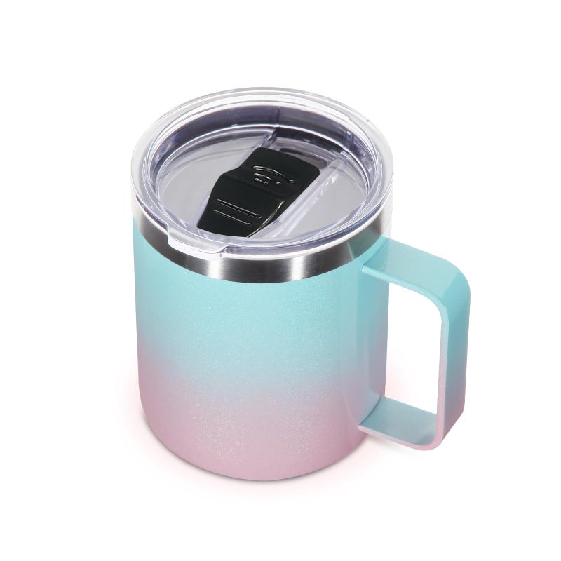 Volhoply 14oz Insulated Stainless Steel Coffee Mug with Leakproof LidDouble Wall Vacuum Travel Coffee Cup with Handle Reusable Cups TumblerCamping Mugs Keep Hot Ideal GiftsGreen Pink1 Set