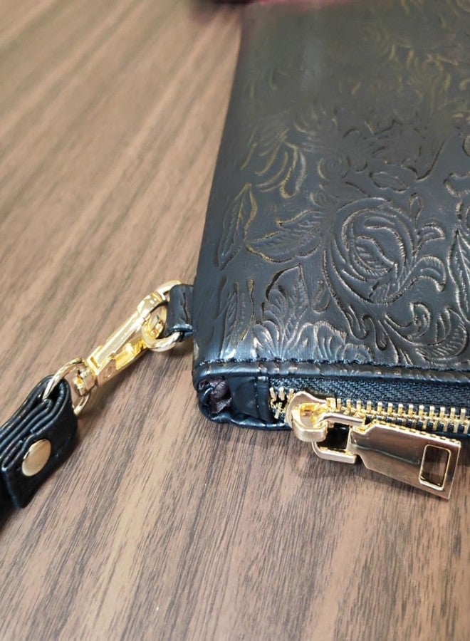 NIGEDU Elegant Floral Embossed Wristlet Clutch Purse Bag PU Leather Medium Size Female Clutches with Wrist Strap (Black) - Image 5
