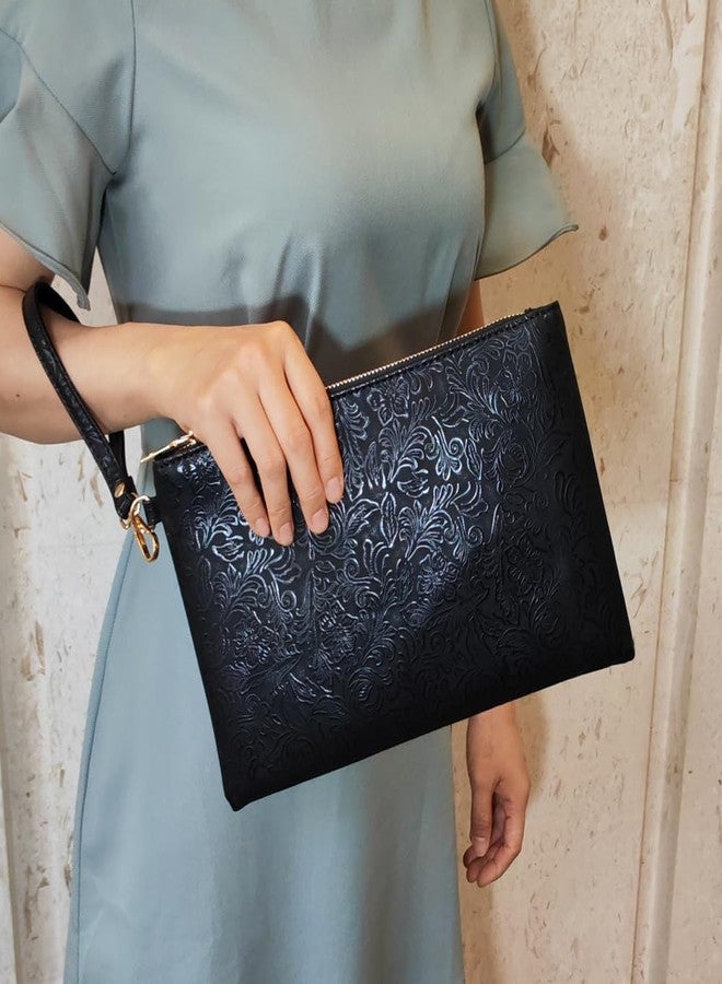 NIGEDU Elegant Floral Embossed Wristlet Clutch Purse Bag PU Leather Medium Size Female Clutches with Wrist Strap (Black) - Image 3