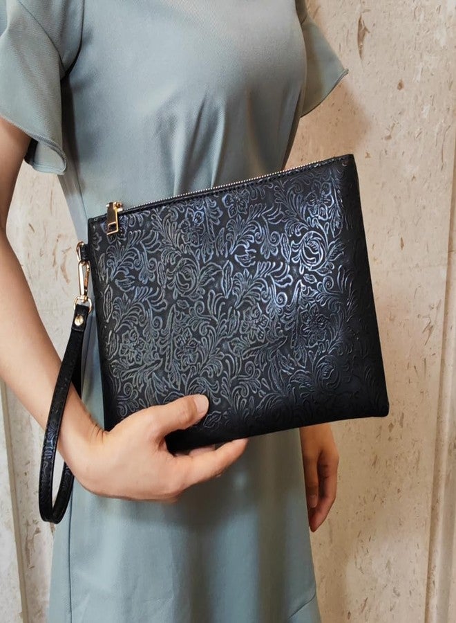 NIGEDU Elegant Floral Embossed Wristlet Clutch Purse Bag PU Leather Medium Size Female Clutches with Wrist Strap (Black) - Image 2