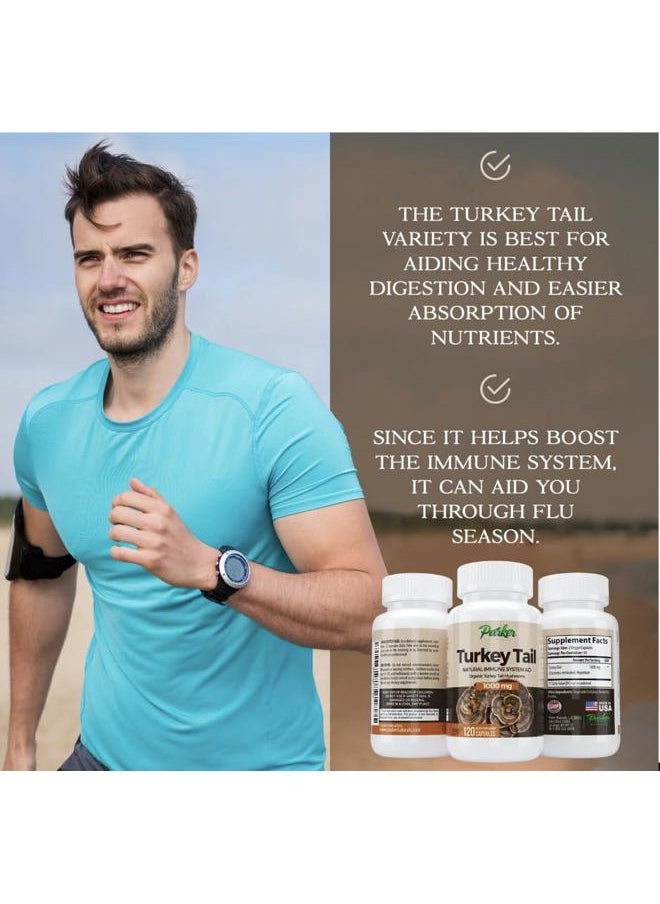 Parker Naturals - Turkey Tail Mushroom Capsules - Organic Mushroom Supplement for Immune System Health Support - 1000 mg Premium Supplements - 120 Capsules - Image 1