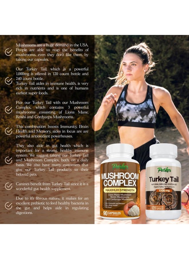Parker Naturals - Turkey Tail Mushroom Capsules - Organic Mushroom Supplement for Immune System Health Support - 1000 mg Premium Supplements - 120 Capsules - Image 1
