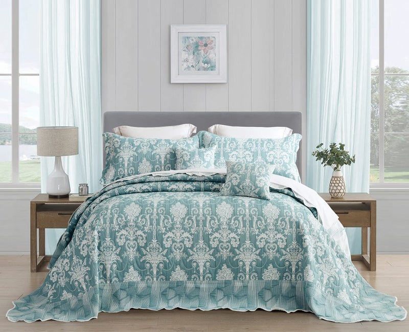 Blythease Oversized King Bedspread 128x120 Extra Wide, Jacquard Matelasse Damask Pattern Design, Lightweight, Reversible, 5 Piece, 100% Microfiber, Green - Image 2