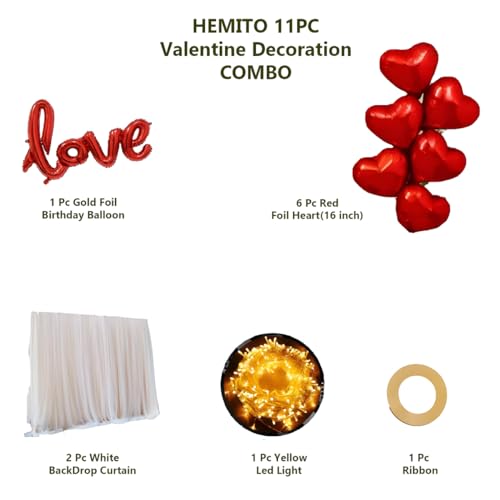 Hemito Red Theme Valentine Day Decoration,Red Heart Shape Balloon,Love Foil Balloon,White Net Curtain Cloth with Led Light for Backdrop/Cabana/Canopy/Romantic Decoration for Bedroom - 11 Pcs - Image 2