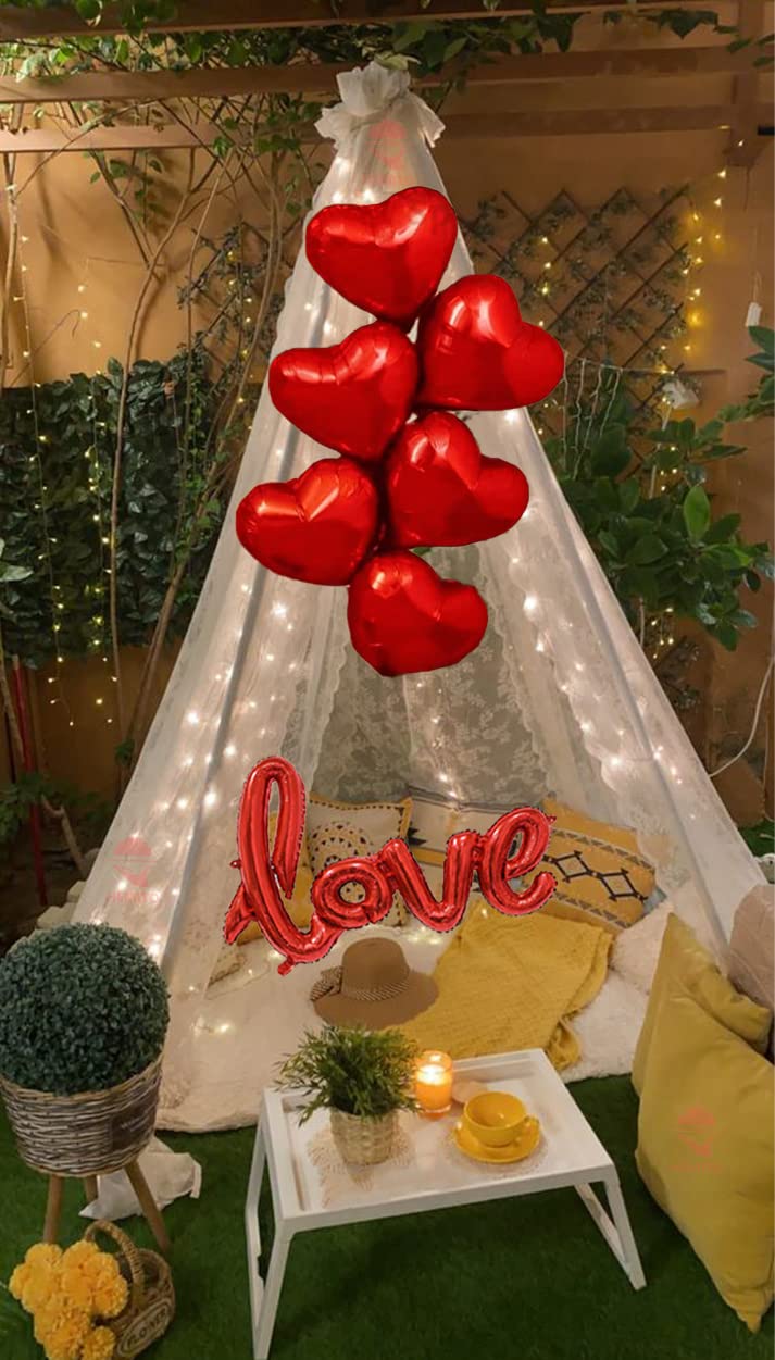 Hemito Red Theme Valentine Day Decoration,Red Heart Shape Balloon,Love Foil Balloon,White Net Curtain Cloth with Led Light for Backdrop/Cabana/Canopy/Romantic Decoration for Bedroom - 11 Pcs - Image 1