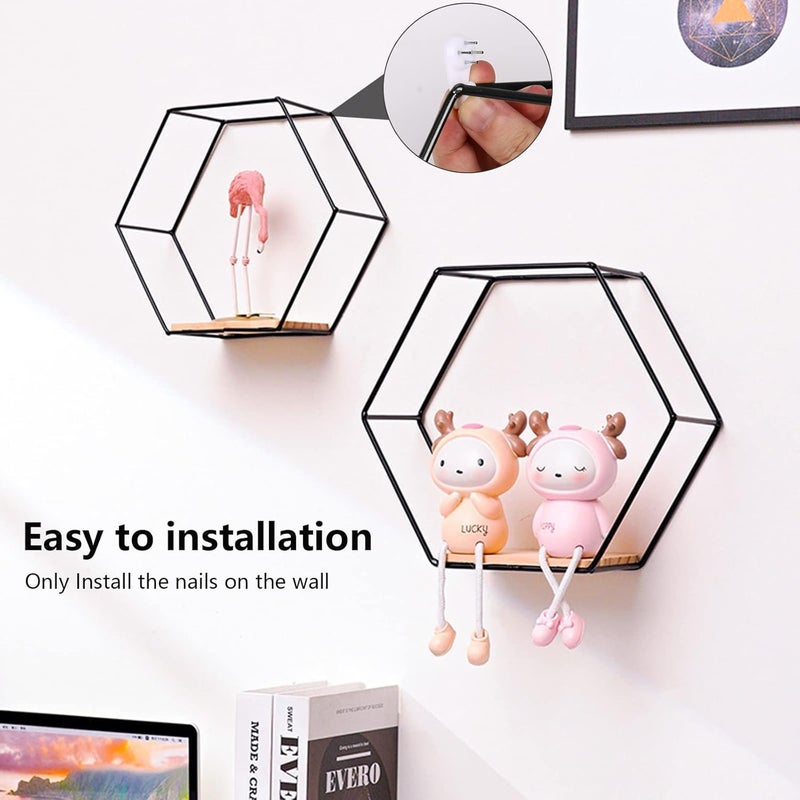Jukkre Jukkre Wall Mounted Floating Hexagon Shelves, 3pcs Different Sizes Metal Framed Gold Shelves with Wooden Floor for Wall Storage & Display in Modern Chic Style (Black)  - Image 4