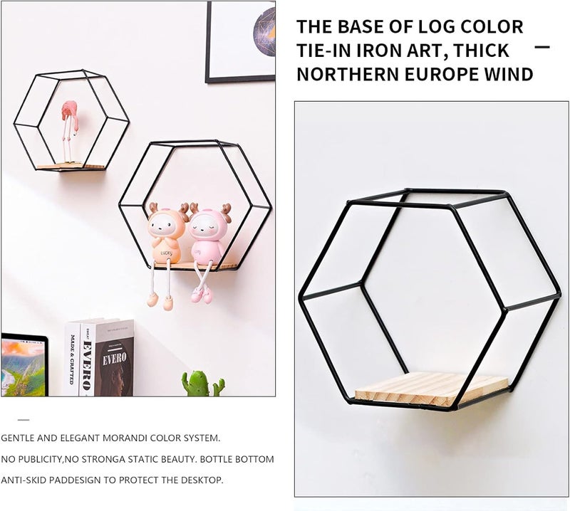 Jukkre Jukkre Wall Mounted Floating Hexagon Shelves, 3pcs Different Sizes Metal Framed Gold Shelves with Wooden Floor for Wall Storage & Display in Modern Chic Style (Black)  - Image 3