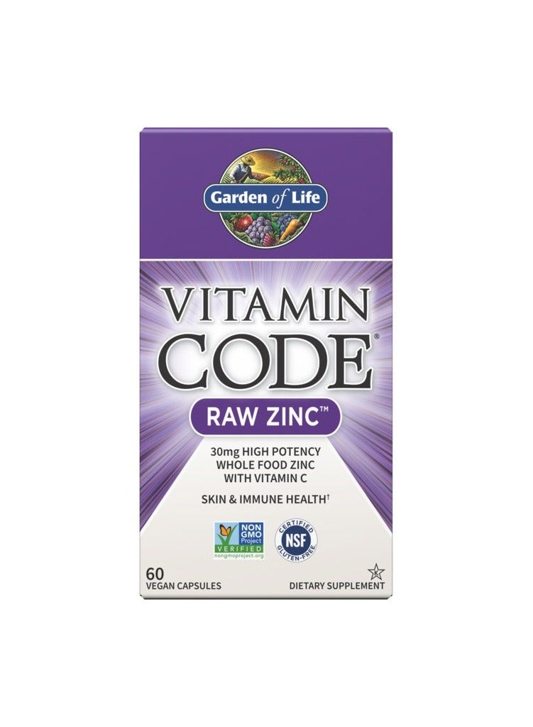 Garden of Life Garden Of Life Vitamin Code Raw Zinc 30mg High Potency Whole Food Zinc With Vitamin C for Skin and Immune Health 60 Vegan Capsule  - Image 1