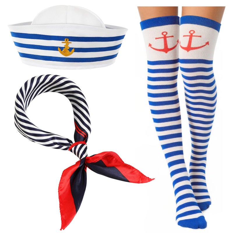 BOARDFEB 3 Pcs Yacht Sailor Costume Set, Sailor Cap Scarf Stockings Yacht Captain Hat Boat Costume for Women Captains Dressing Up Party Halloween Party - Image 1