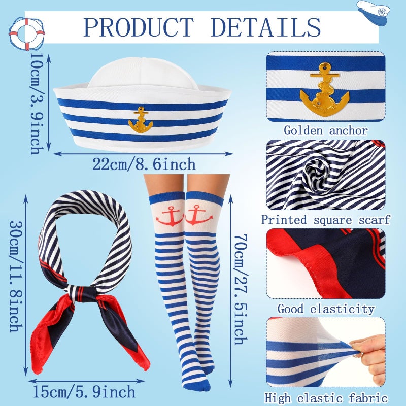 BOARDFEB 3 Pcs Yacht Sailor Costume Set, Sailor Cap Scarf Stockings Yacht Captain Hat Boat Costume for Women Captains Dressing Up Party Halloween Party - Image 2