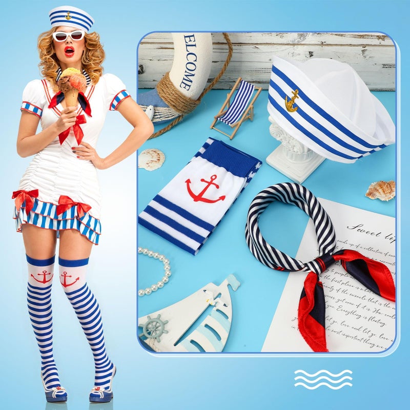 BOARDFEB 3 Pcs Yacht Sailor Costume Set, Sailor Cap Scarf Stockings Yacht Captain Hat Boat Costume for Women Captains Dressing Up Party Halloween Party - Image 3