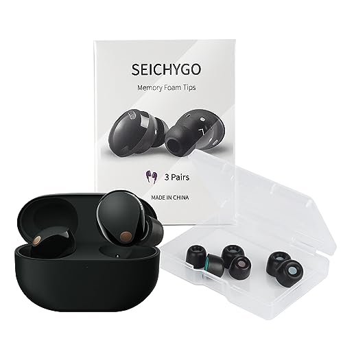 SEICHYGO 3 أزواج من أطراف الأذن المصنوعة من إسفنج الذاكرة مع شبكة الغبار لسوني WF-1000XM6 / WF-1000XM5 / XM4 / XM3، راحة فائقة ومقاومة للانزلاق، بديل لطرف الأذن | بدون ألم المطاط | مع صندوق تخزين، أسود | S M L - Image 1