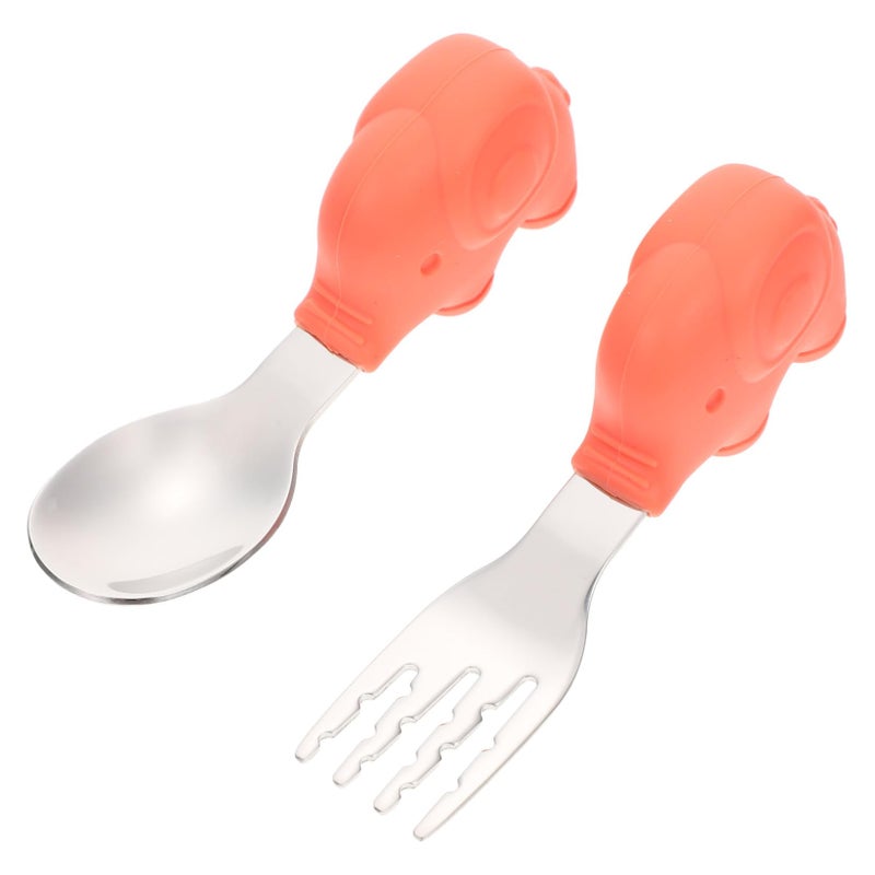 Stainless Steel Short Handle Spoon and Fork Set for Kids Self Feeding Training Random Color - Image 2