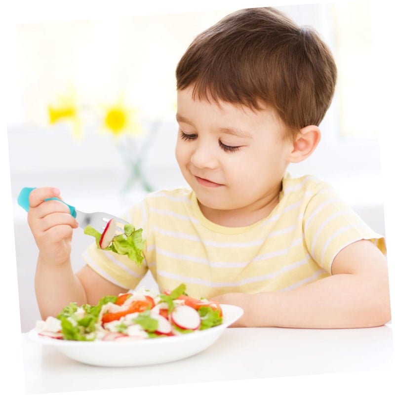 Stainless Steel Short Handle Spoon and Fork Set for Kids Self Feeding Training Random Color - Image 4