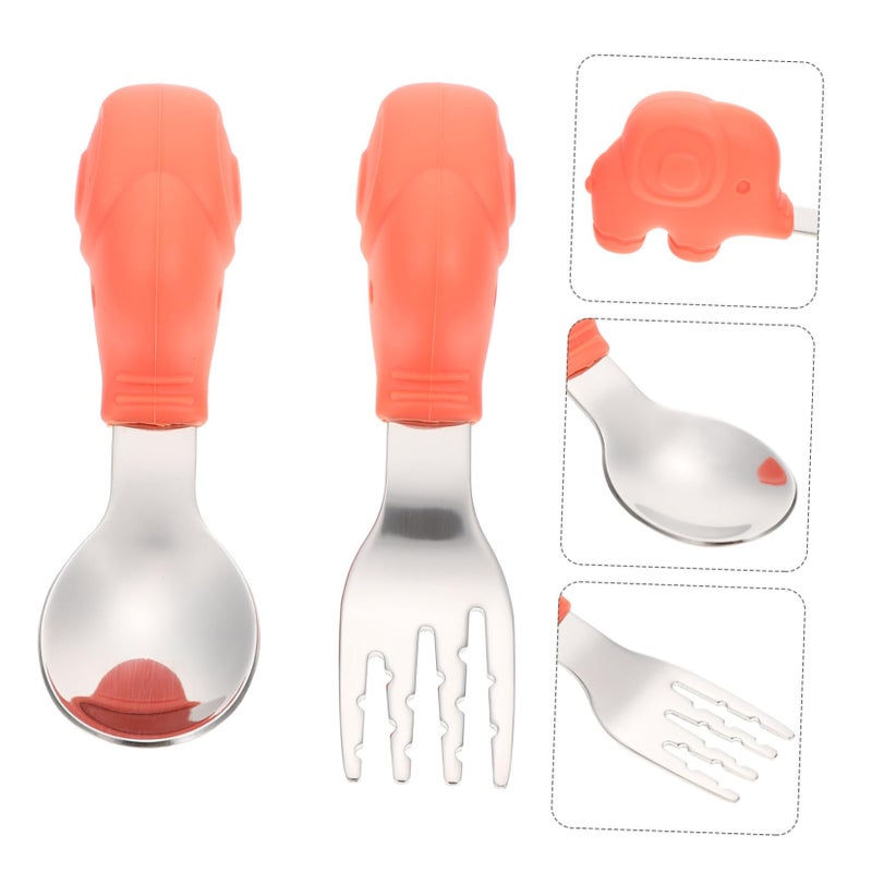 Stainless Steel Short Handle Spoon and Fork Set for Kids Self Feeding Training Random Color - Image 3