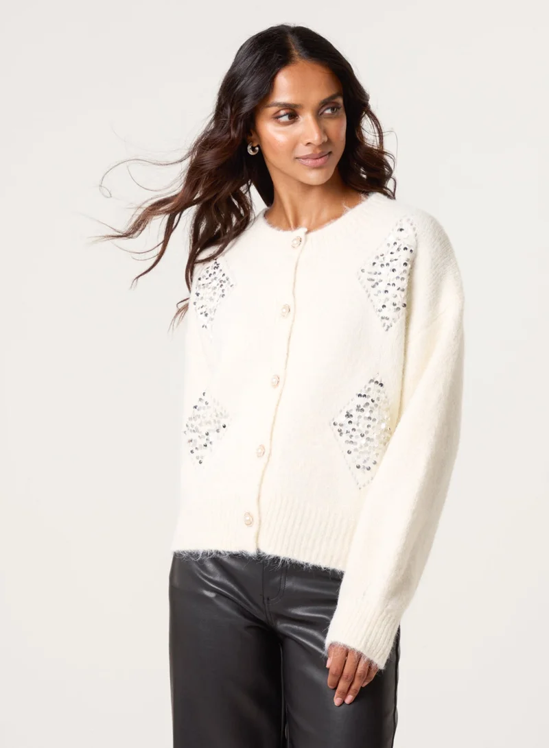 Diamante Sequin Brochure Button Front Cardigan