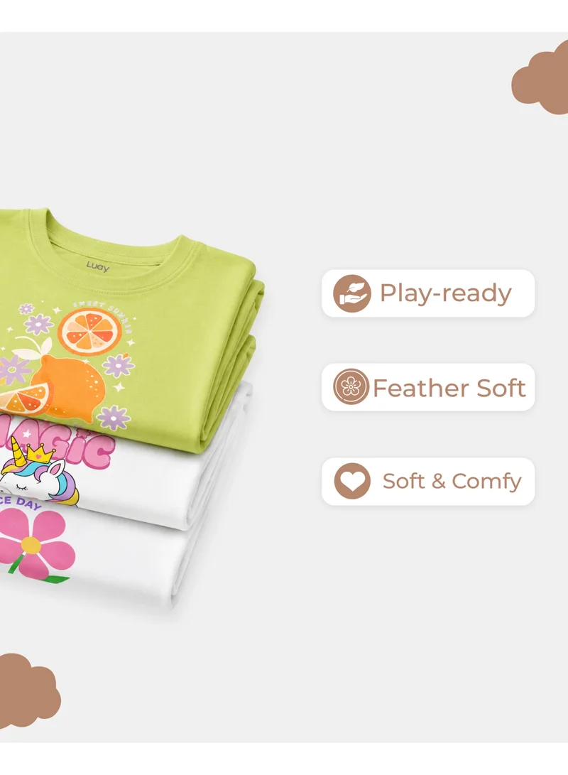 Luay  LUAY Girls Cotton T-Shirt & Shorts Combo Pack of 3 | Half Sleeve Printed Summer Co-Ord Set for Girls | Soft Breathable Cotton Clothing Set for Women | Best Price UAE