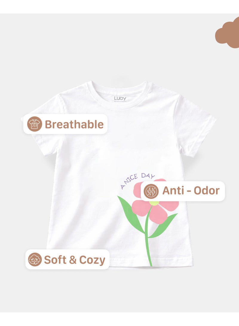 LUAY Girls Cotton T-Shirt & Shorts Combo Pack of 3 | Half Sleeve Printed Summer Co-Ord Set for Girls | Soft Breathable Cotton Clothing Set - Image 2