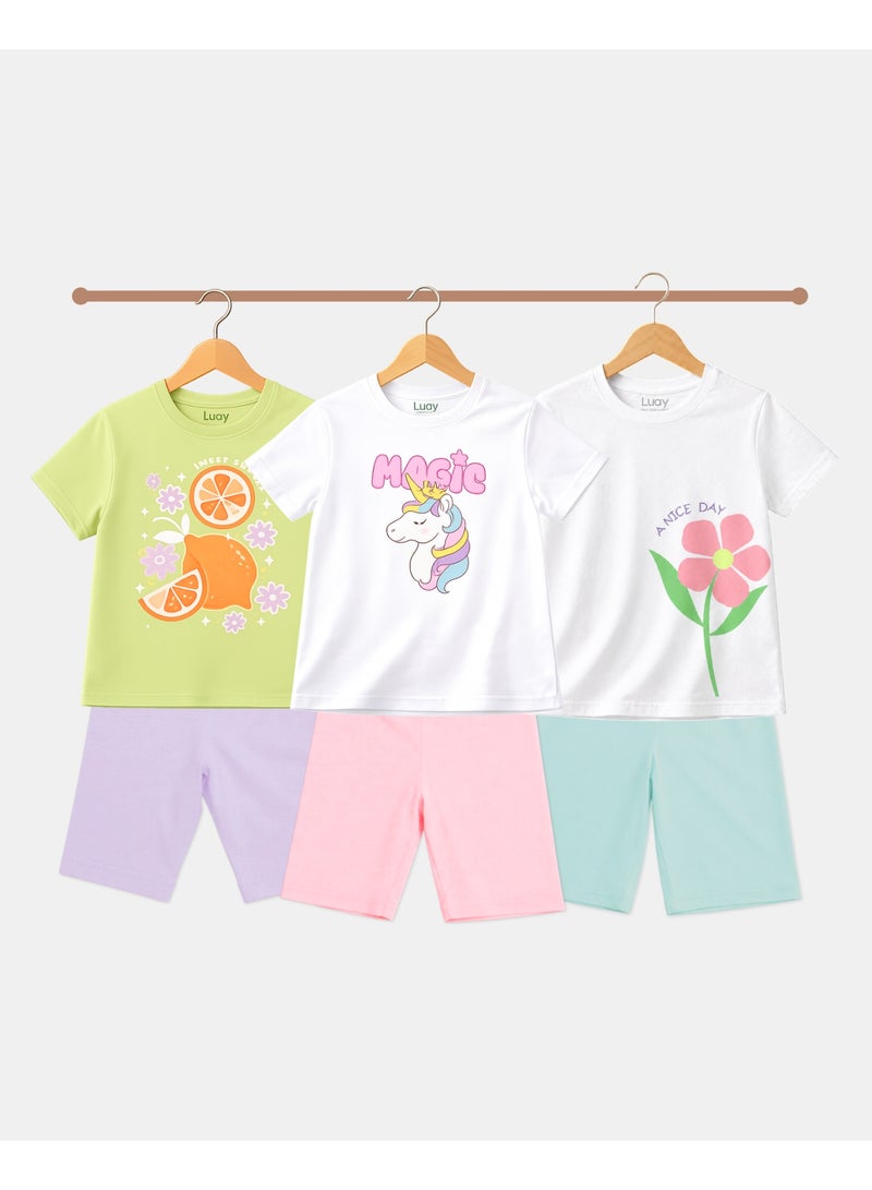 LUAY Girls Cotton T-Shirt & Shorts Combo Pack of 3 | Half Sleeve Printed Summer Co-Ord Set for Girls | Soft Breathable Cotton Clothing Set - Image 1