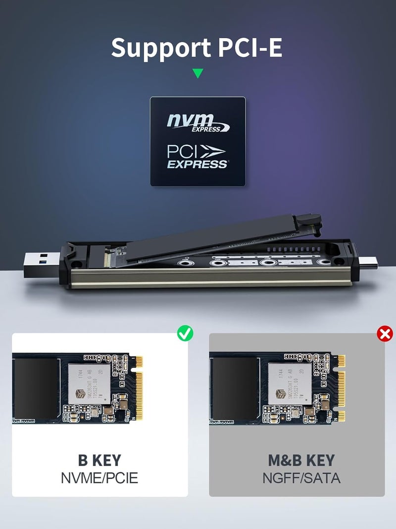 Lemorele محول غلاف SSD NVMe M.2، بدون أدوات، 10Gbps USB C 3.2 Gen2 محول غلاف خارجي NVMe PCIe لمحركات الأقراص الصلبة M-Key و M+B Key (2230/2242/2260/2280) - Image 2