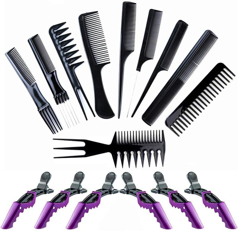ELITEWAVE 16Pcs Hair Combs Set for Women Men：10Pcs Hair Combs and 6Pcs Hair Clips, Rat Tail Combs, Teasing Combs,Barber Combs,Styling Combs,Can Meet Your Different Needs,Comb Set for Hair Black - Image 1