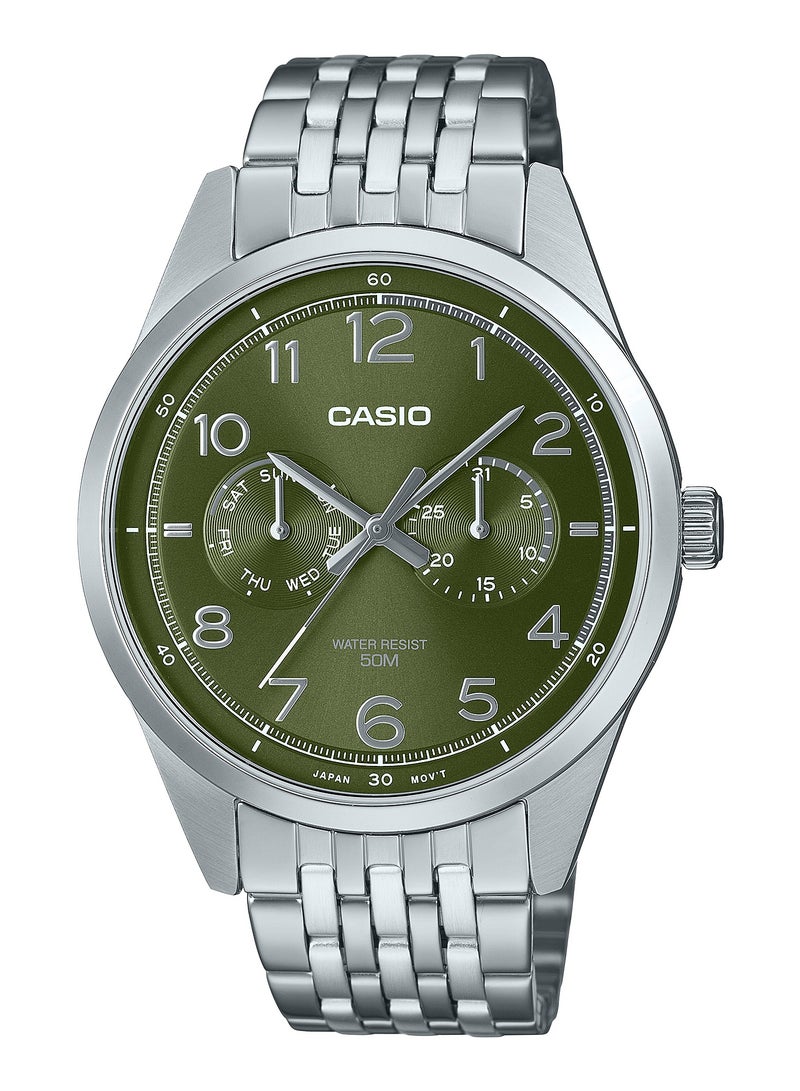 CASIO ساعة كوارتز للرجال بمينا خضراء من الفولاذ المقاوم للصدأ MTP-E340D-3AV