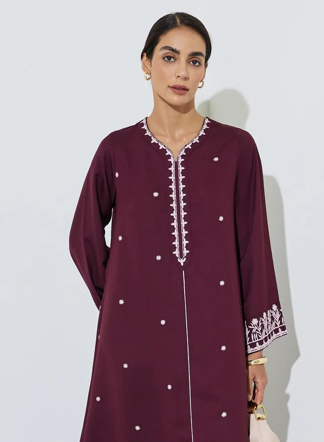 Amirah Burgundy Embroidered V Neck Jalabiya