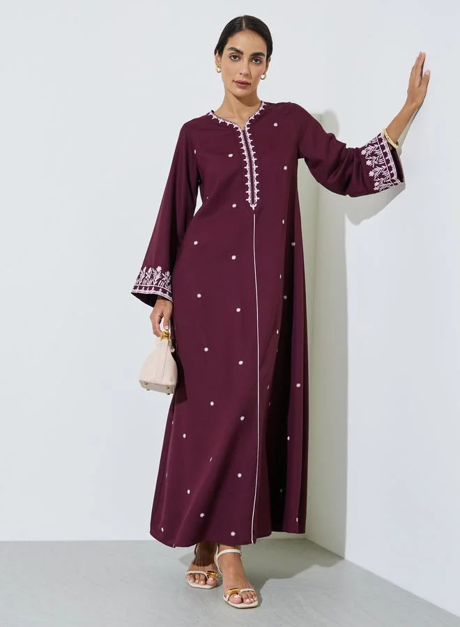 Amirah Burgundy Embroidered V Neck Jalabiya