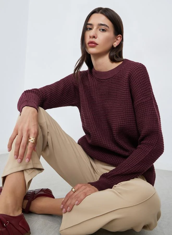 Styli Styli Burgundy Textured Knit Sweater