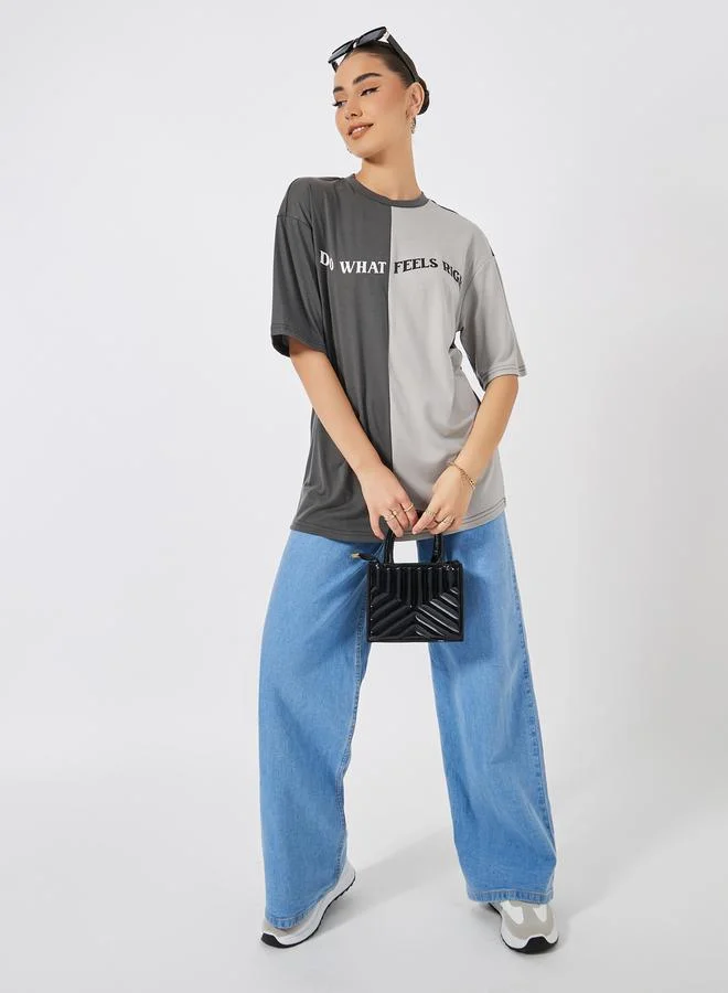 Styli Oversized Color Block Slogan Print T-Shirt