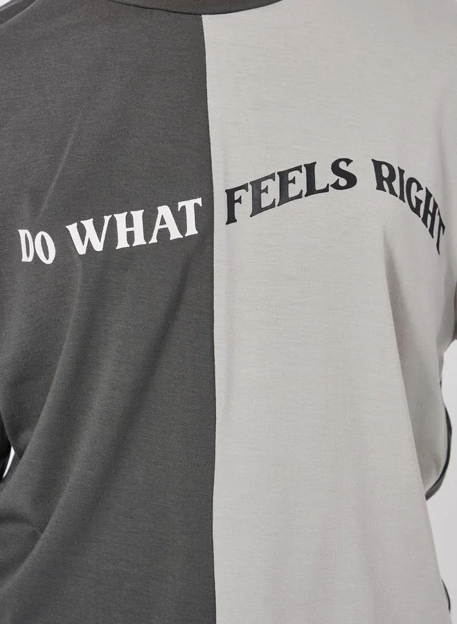 Styli Oversized Color Block Slogan Print T-Shirt