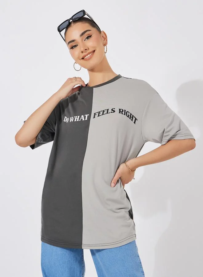 Styli Oversized Color Block Slogan Print T-Shirt