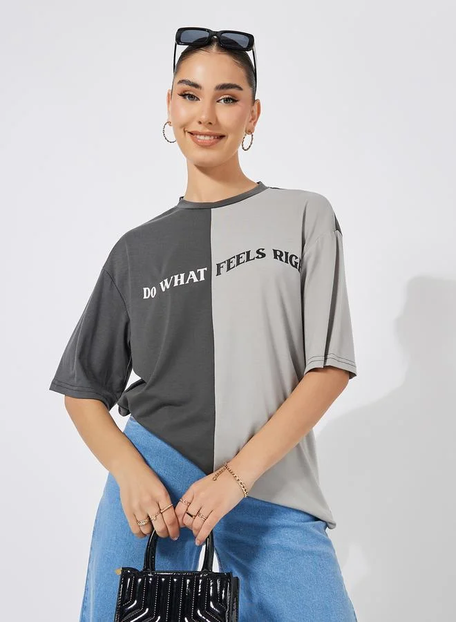 Styli Oversized Color Block Slogan Print T-Shirt