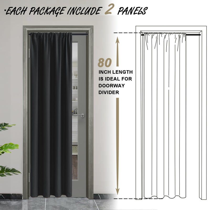 JIUZHEN 80 Inch Length Door Curtains for Doorway Privacy Insulated Blackout Curtains with Tiebacks Rod Pocket Room Divider Curtain Cover for Bedroom Closet Door  Set of 2  42 x 80 Inch  Black - Image 2