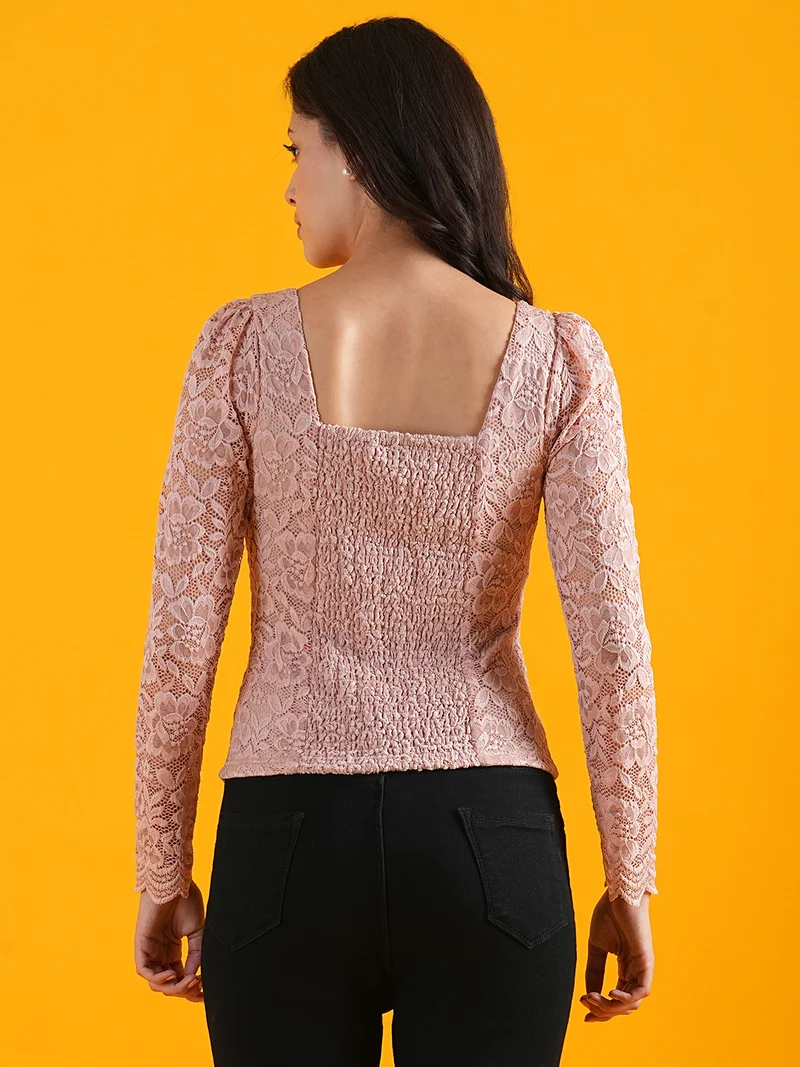 globus Women Pink Floral Self Design Sweetheart Neck Smocking Casual Top