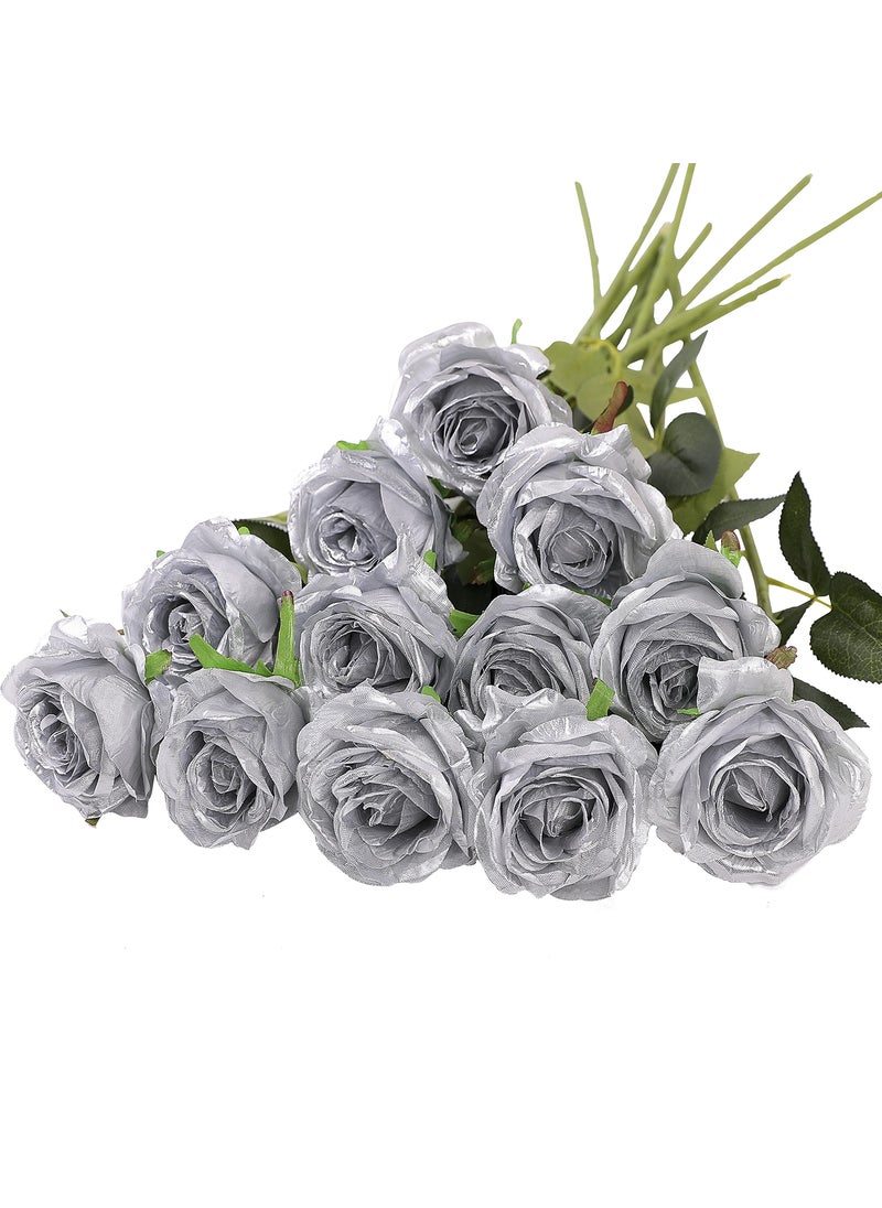 Hawesome Hawesome 12PCS Artificial Silk Flowers Realistic Roses Bouquet Long Stem for Home Wedding Decoration Party Silver 1 