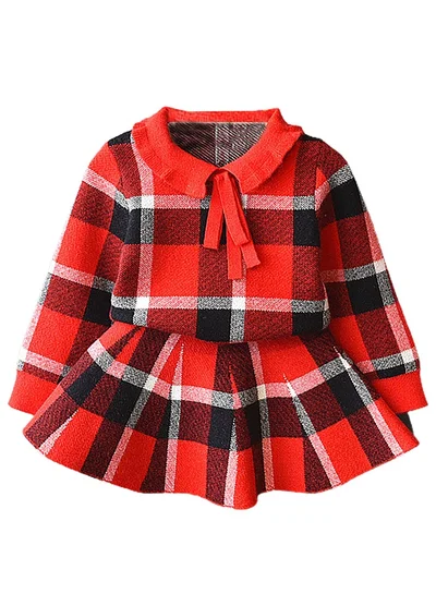 ليتل سربرايز بوكس Box Red Plaid Peter Pan collar  2 pcs sweatshirt & Skirt Winterwear set for Girls-3-4Y