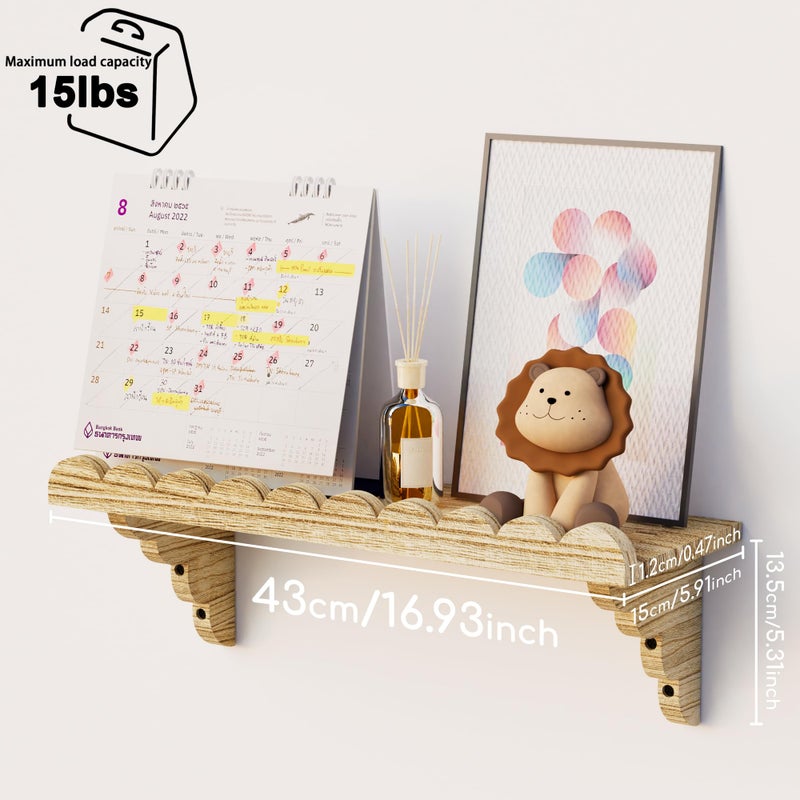 QsQueen Scalloped Wood Wall Shelf â€“ 17 Inch Floating Shelf with Wood Brackets, Easy to Install Rustic Wall Shelf for Living Room, Bedroom, Bathroom, or Any Space - Light Brown - Image 3