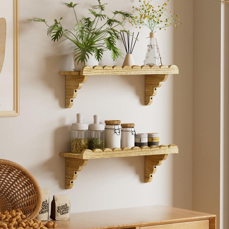 QsQueen Scalloped Wood Wall Shelf â€“ 17 Inch Floating Shelf with Wood Brackets, Easy to Install Rustic Wall Shelf for Living Room, Bedroom, Bathroom, or Any Space - Light Brown - Image 5