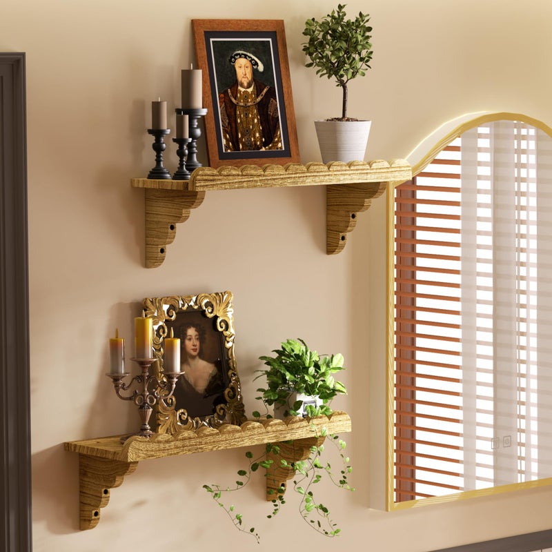 QsQueen Scalloped Wood Wall Shelf â€“ 17 Inch Floating Shelf with Wood Brackets, Easy to Install Rustic Wall Shelf for Living Room, Bedroom, Bathroom, or Any Space - Light Brown - Image 2