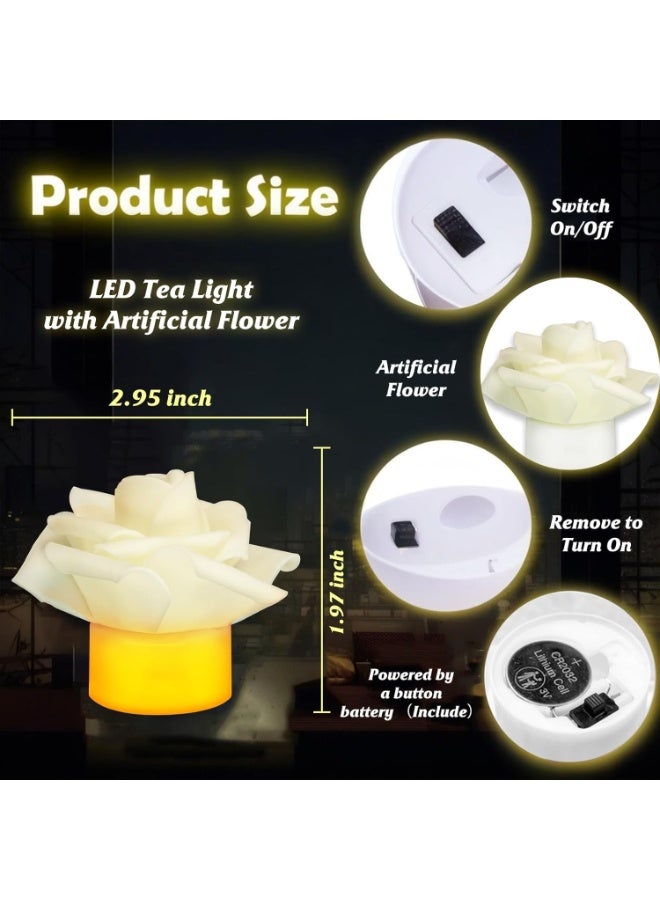 SYOSI LED Flameless Candles with Artificial Flowers, 12Pack Operated Tea Lights Candles with 1 Battery, 200+ Hour Runtime, Flickering Candles for Wedding Party Table Centerpiece, White - Image 3