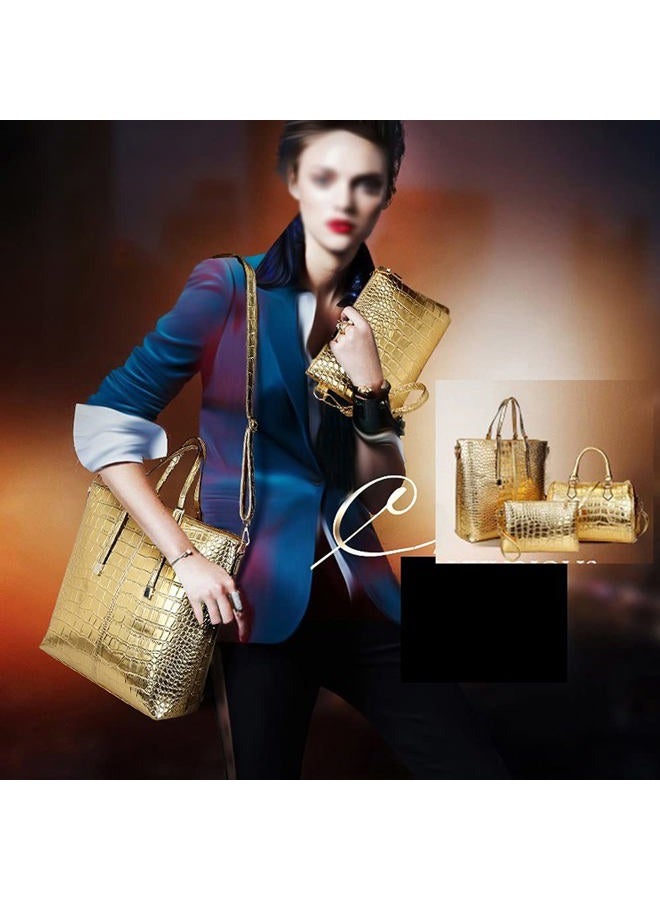 Downupdown Crocodile Pattern Handbag set Leather Shoulder Bag Tote Bag Top Handle Handbag Wallet Purse 3 Pcs Set, Gold, One size - Image 3