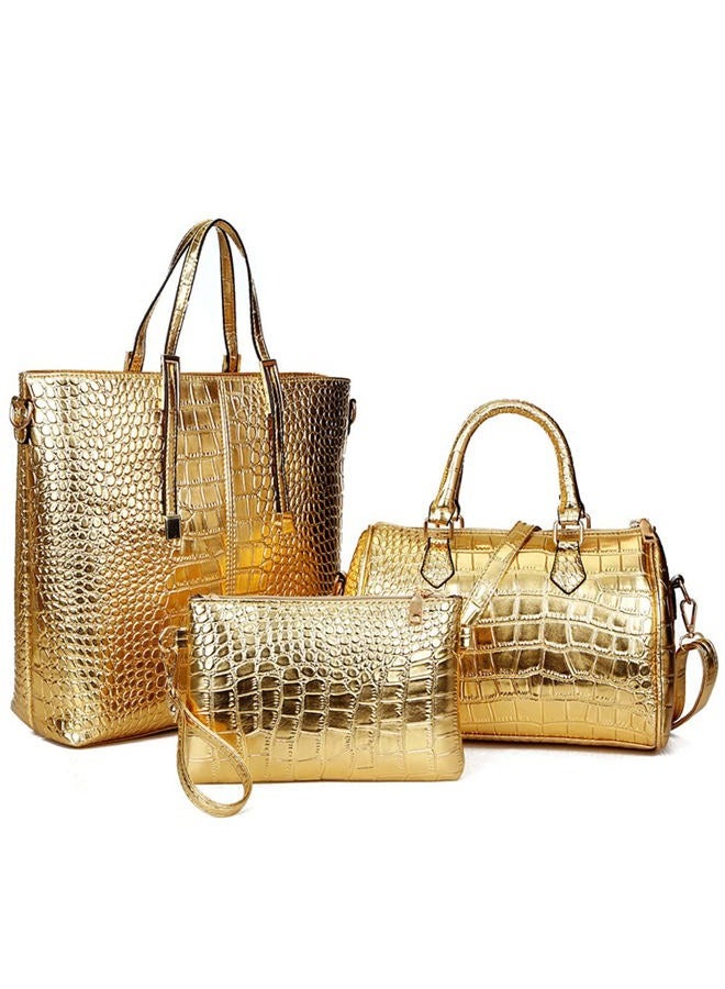 Downupdown Crocodile Pattern Handbag set Leather Shoulder Bag Tote Bag Top Handle Handbag Wallet Purse 3 Pcs Set, Gold, One size - Image 1