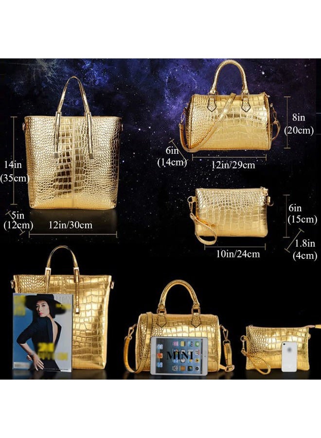 Downupdown Crocodile Pattern Handbag set Leather Shoulder Bag Tote Bag Top Handle Handbag Wallet Purse 3 Pcs Set, Gold, One size - Image 4