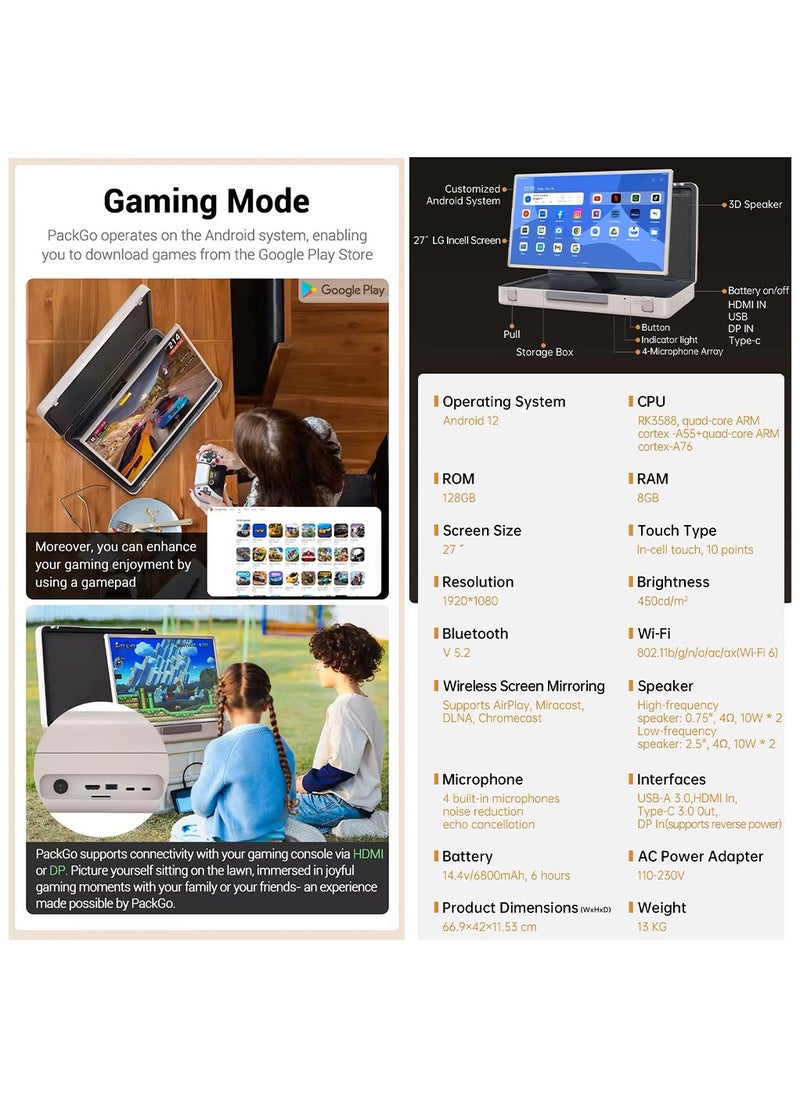 Generic - 27 inch Smart Touch Screen with Remote Control, Horizontal and Vertical View, Android 12, 128GB ROM, 8GB RAM, Briefcase Smart Screen - Image 1