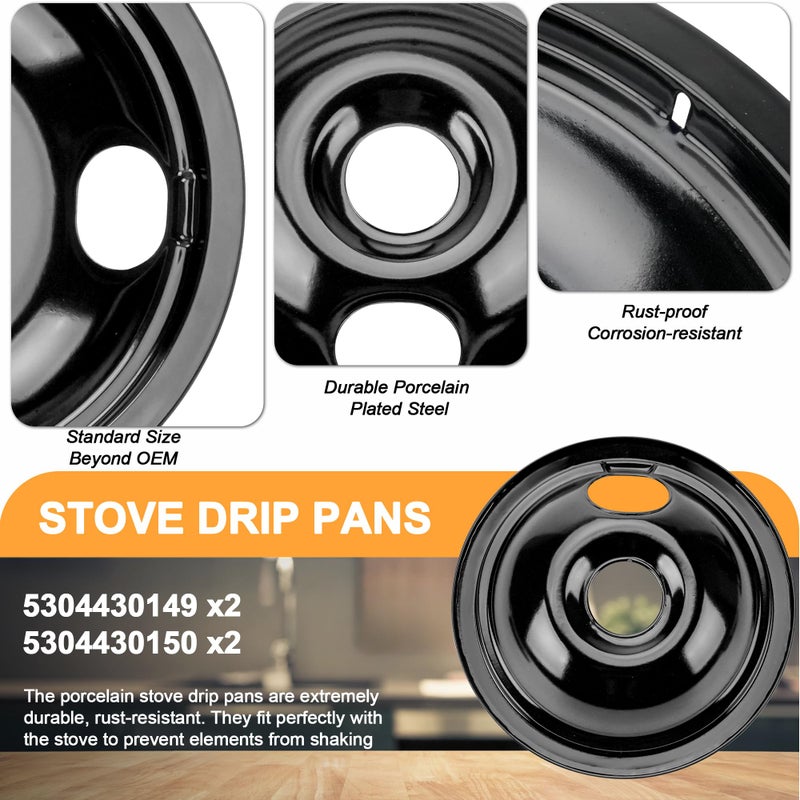 Fetechmate Black Stove Drip Pans Set of 4 Fit for Ken-more, Fri-gidaire Stove, Porcelain Drip Pans Replace 5304430149, 5304430150, 318067041, 318067051 by Fetechmate - Include 2 6-In and 2 8-In Burner Drip Pan - Image 3