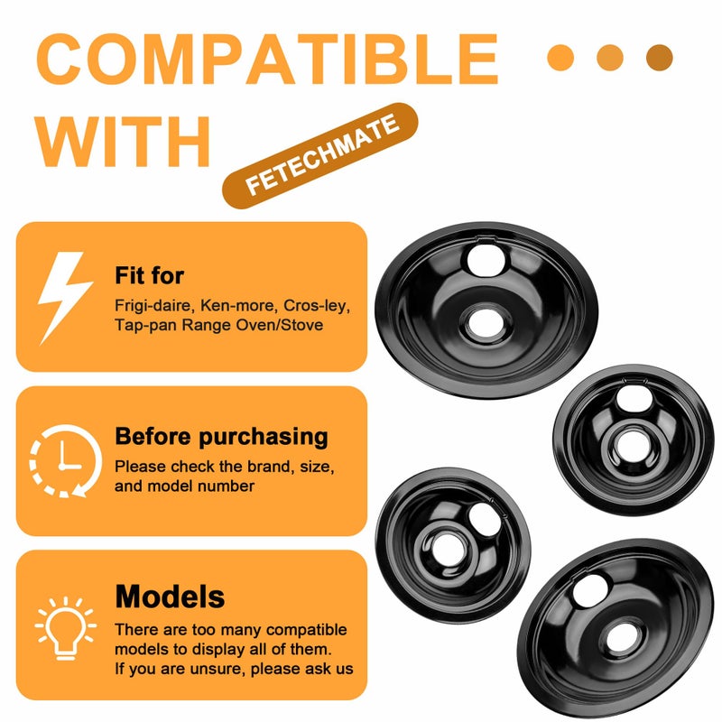 Fetechmate Black Stove Drip Pans Set of 4 Fit for Ken-more, Fri-gidaire Stove, Porcelain Drip Pans Replace 5304430149, 5304430150, 318067041, 318067051 by Fetechmate - Include 2 6-In and 2 8-In Burner Drip Pan - Image 4