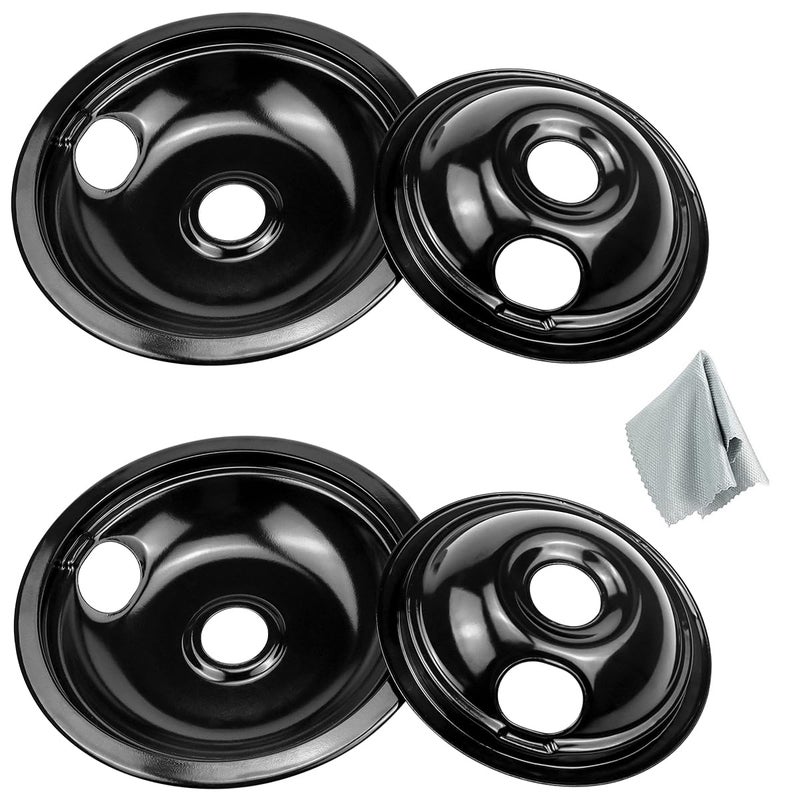 Fetechmate Black Stove Drip Pans Set of 4 Fit for Ken-more, Fri-gidaire Stove, Porcelain Drip Pans Replace 5304430149, 5304430150, 318067041, 318067051 by Fetechmate - Include 2 6-In and 2 8-In Burner Drip Pan - Image 1
