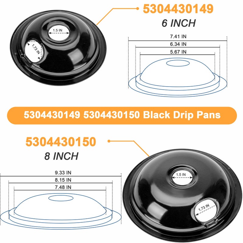Fetechmate Black Stove Drip Pans Set of 4 Fit for Ken-more, Fri-gidaire Stove, Porcelain Drip Pans Replace 5304430149, 5304430150, 318067041, 318067051 by Fetechmate - Include 2 6-In and 2 8-In Burner Drip Pan - Image 2