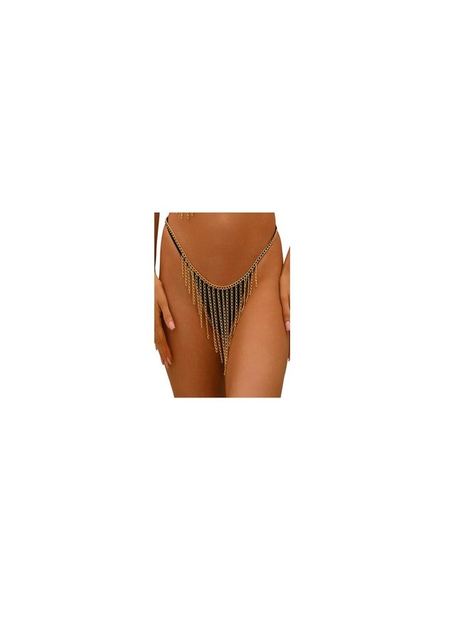 WFik Metal Tassel Waist Chain Thong for Women Party,Summer Beach Bikini Link Chain Belly Belt,Festival Rave Waist Body Jewelry (Gold) - Image 1